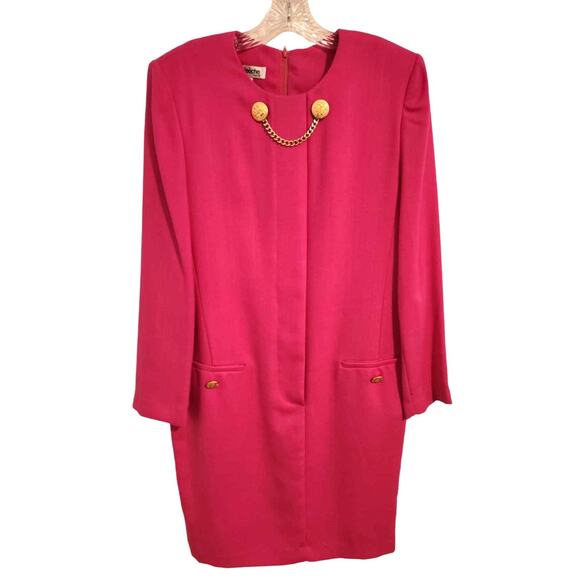 Vintage 1980s Depeche Mode Hot Pink Sheath Dress Gold Button Chain Front Size 10 - Picture 7 of 10